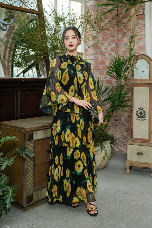 Sixdo Black With Yellow Poppy Midi Voile Dress