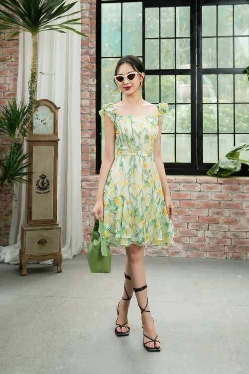 Sixdo Z-Light Green Floral Strappy Mini Voile Dress