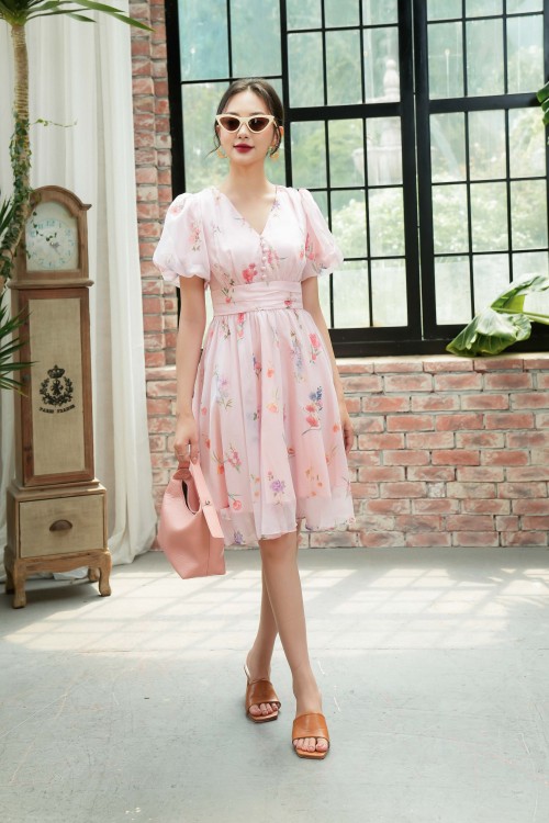 Sixdo Z-Pink Floral V-neck Mini Voile Dress