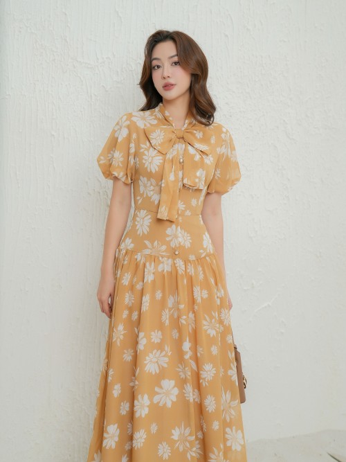 Sixdo Yellowish-brown Floral Bowtie Midi Voile Dress