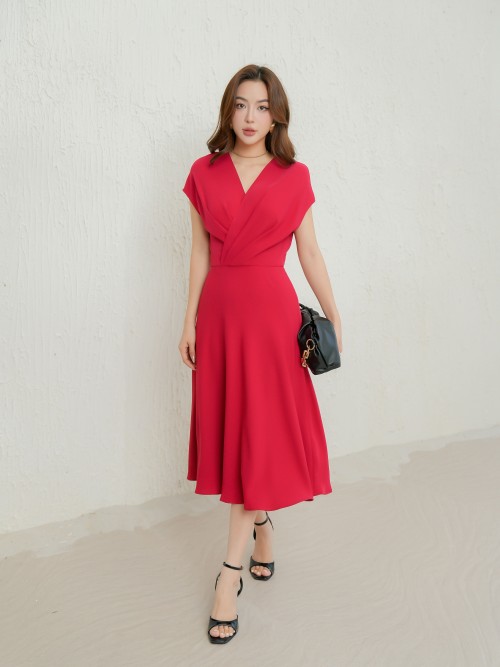 Sixdo Red V-neck Silk Midi Dress