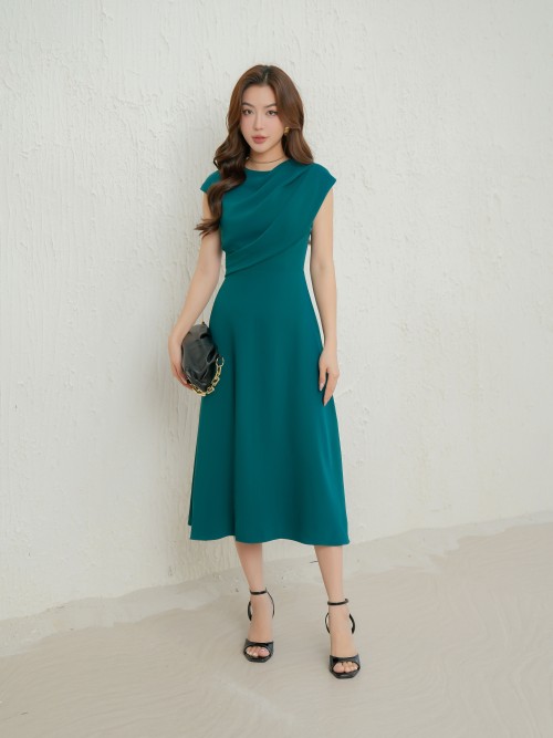 Sixdo Dark Green Silk Midi Dress