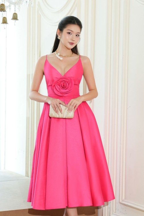 Sixdo Plunging Midi Taffeta Dress