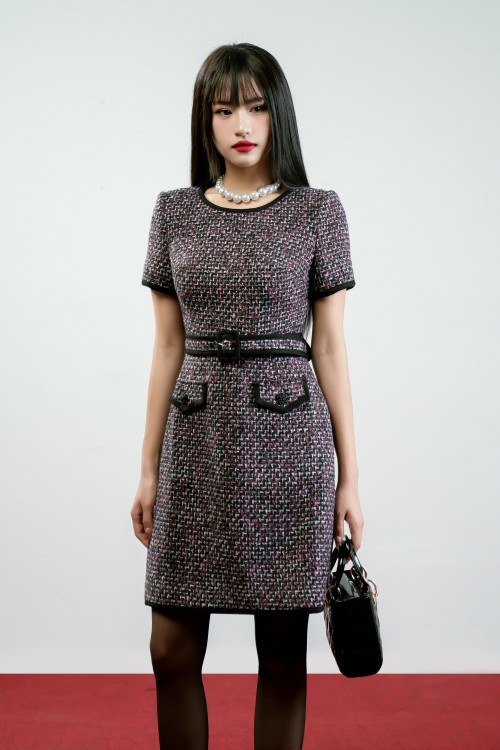 Sixdo Black and Pink Midi Tweed Dress