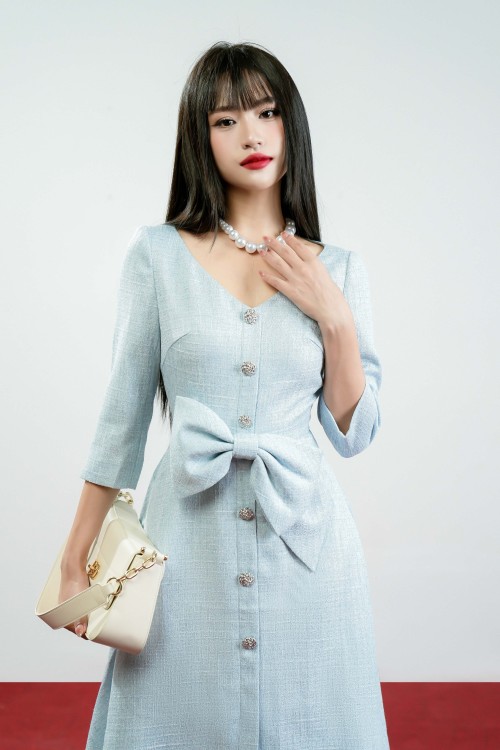 Sixdo Light Blue Midi Tweed Dress