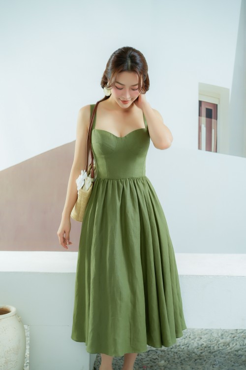 Sixdo Moss Green Strappy Midi Linen Dress