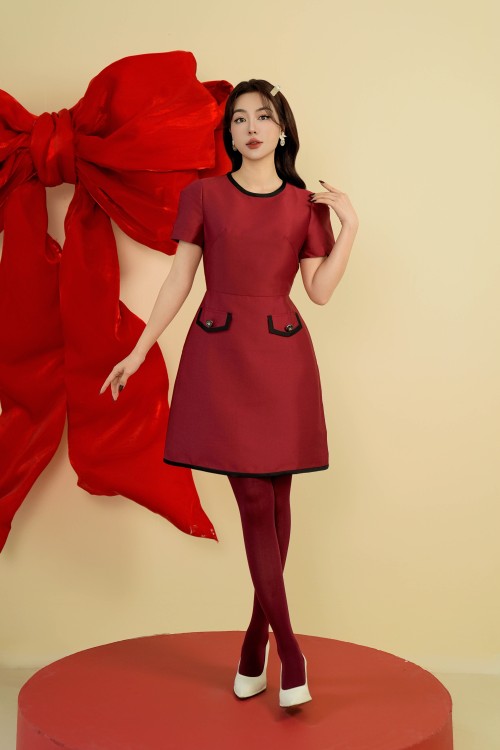 Sixdo Wine Short Sleeves Mini Taffeta Dress