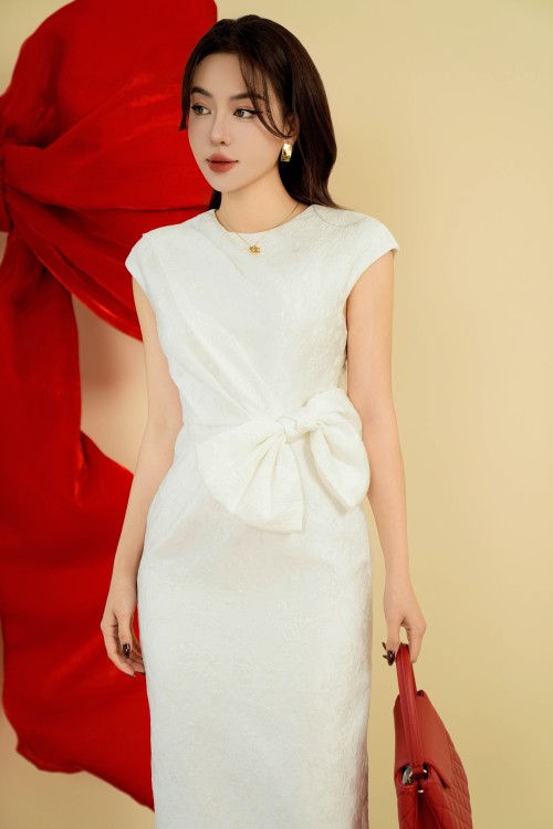 Sixdo White Bow-tie Brocade Midi Dress