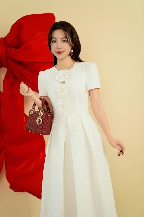 Sixdo White Floral Midi Woven Dress