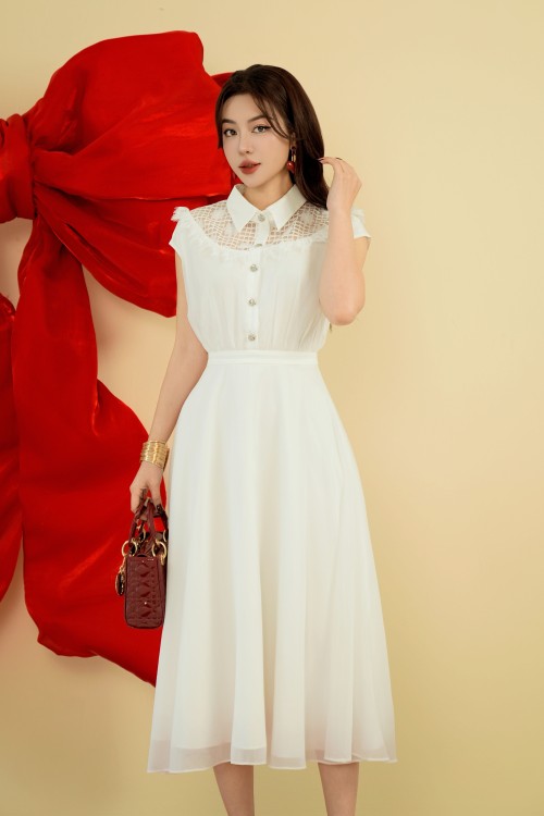 Sixdo White Organza Flared Dress 2