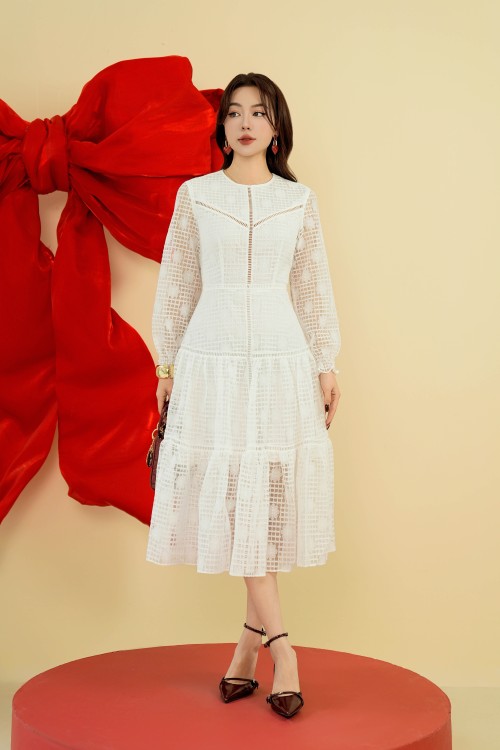 Sixdo White Lace Flared Dress