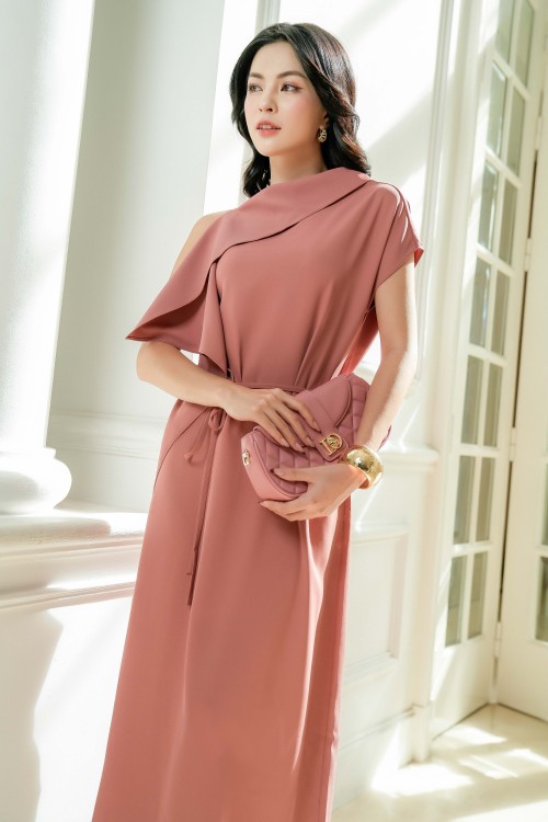 Sixdo Dusty Rose Silk Flared Dress