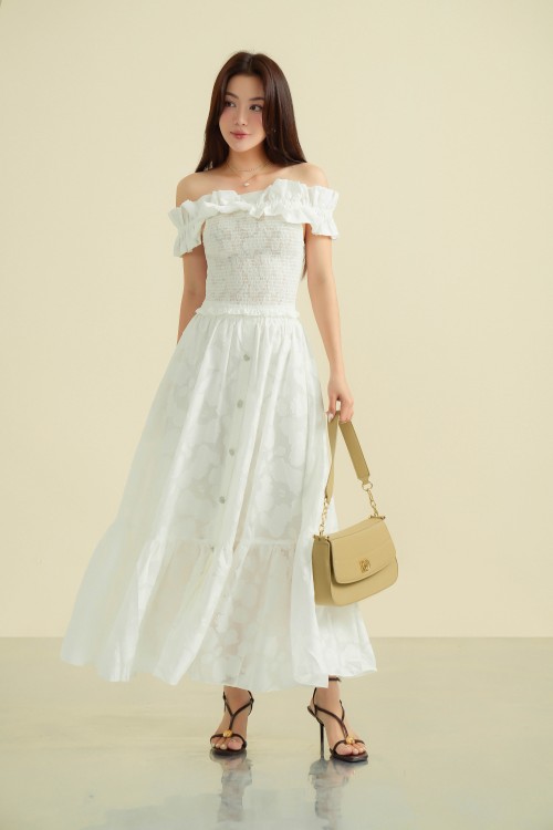 Sixdo G-White Floral Organza Flared Skirt