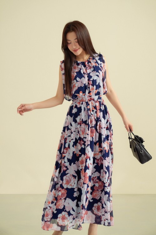 Sixdo Black Floral Chiffon Flared Dress