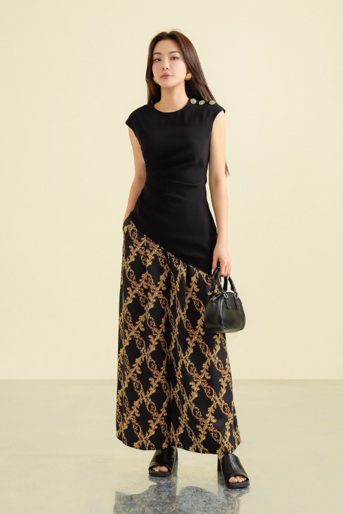 Black Baroque Print Wide Leg Silk Pants 1