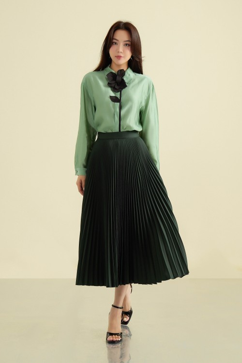 Pleated Woven Midi Skirt