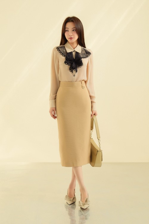 Yellowish Brown Straight Woven Midi Skirt 1