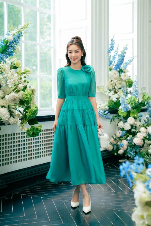 Green Organza Midi Dress With Flower