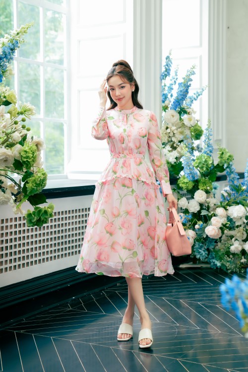 Pink Rose Print Voile Midi Dress