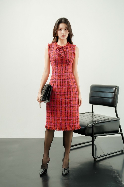 Dark Red Check Sleeveless Midi Tweed Dress