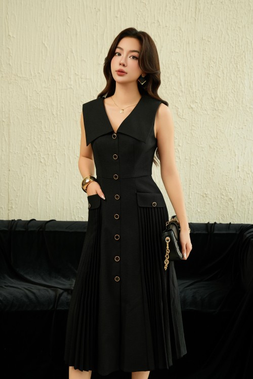 Black Chelsea Collar Midi Raw Dress