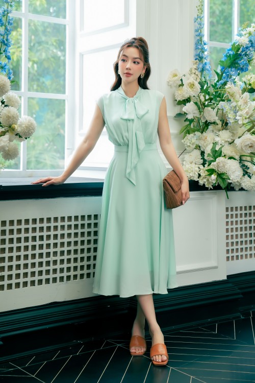 Turquoise Bow-tie Chiffon Flared Dress