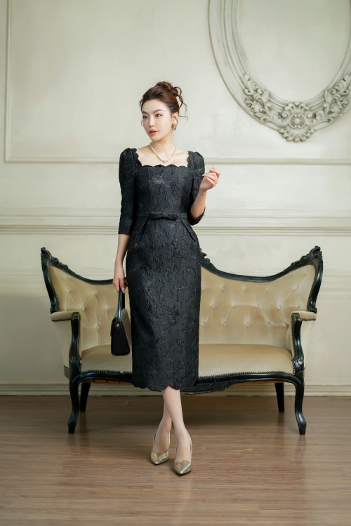 Square Neck Midi Brocade Dress