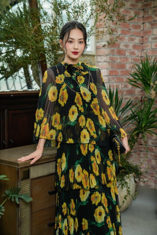 Black With Yellow Poppy Midi Voile Dress