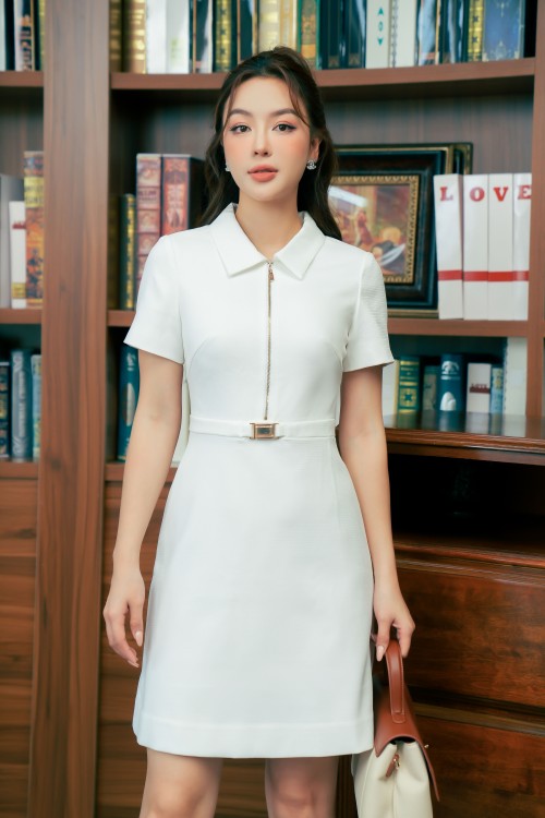 White Short Sleeves Mini Raw Dress