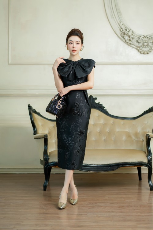 Black Bowtie Midi Brocade Dress