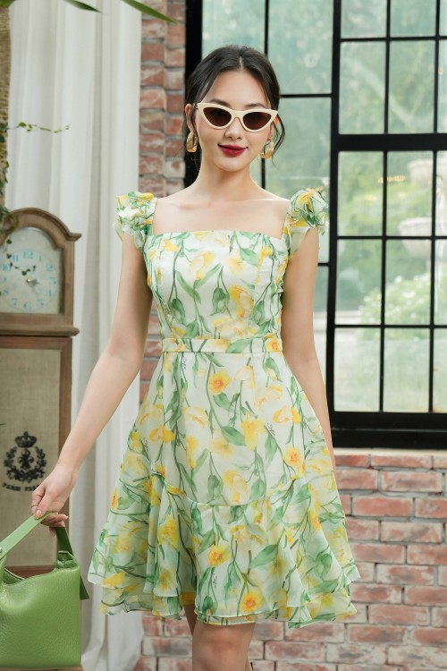 Z-Light Green Floral Strappy Mini Voile Dress