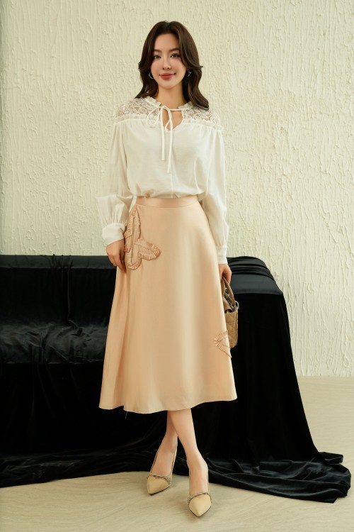 Dark Beige Butterfly Organza Midi Skirt