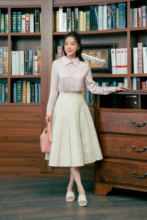 Cream Pleated Midi Taffeta Skirt