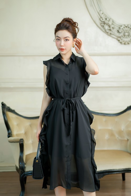 Black Straight Midi Chiffon Dress