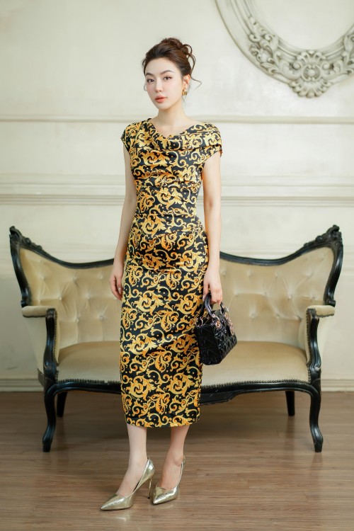 Black Baroque Print Boatneck Midi Silk Dress