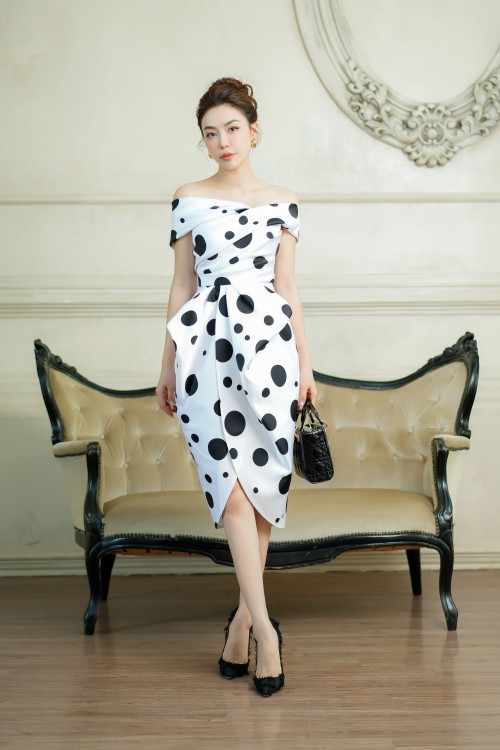 White Polka Dots Midi Taffeta Dress