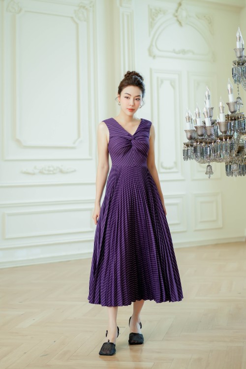 Dark Purple Sripe Midi Woven Dress