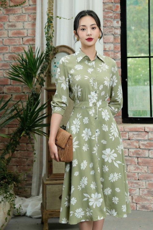 Olive Floral Midi Silk Dress