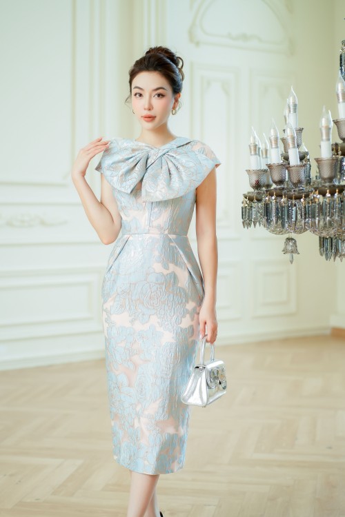 Light Blue Rose Midi Brocade Dress