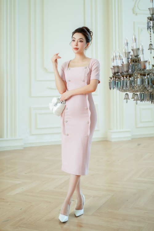 Pink Square Neck Midi Raw Dress