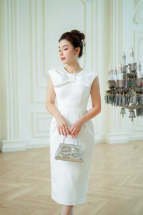 White Bowtie Midi Woven Dress