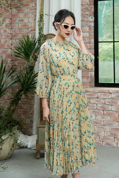 Light Green Floral Midi Voile Dress