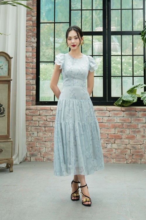 Greyish-blue Floral Midi Voile Dress