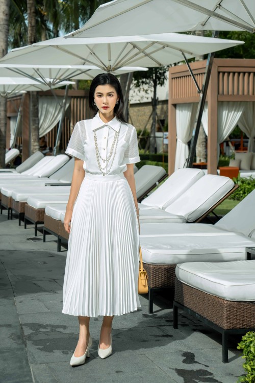 White Pleated Silk Flared Skirt