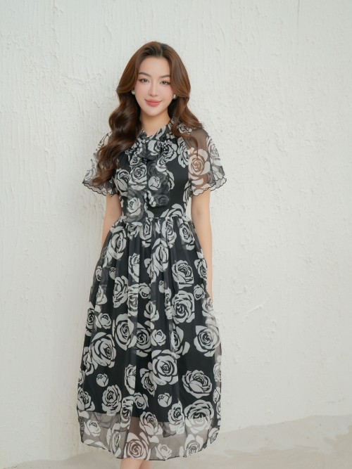 Black With White Rose Midi Dress