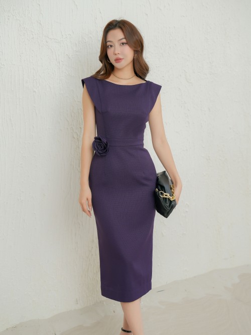 Dark Purple Raw Midi Dress With Flower