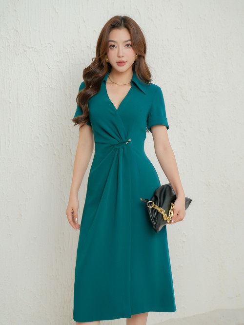 Dark Green Silk Midi Dress 1