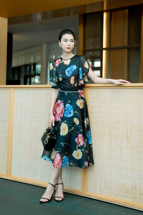 Black Floral Print Organza Flared Dress