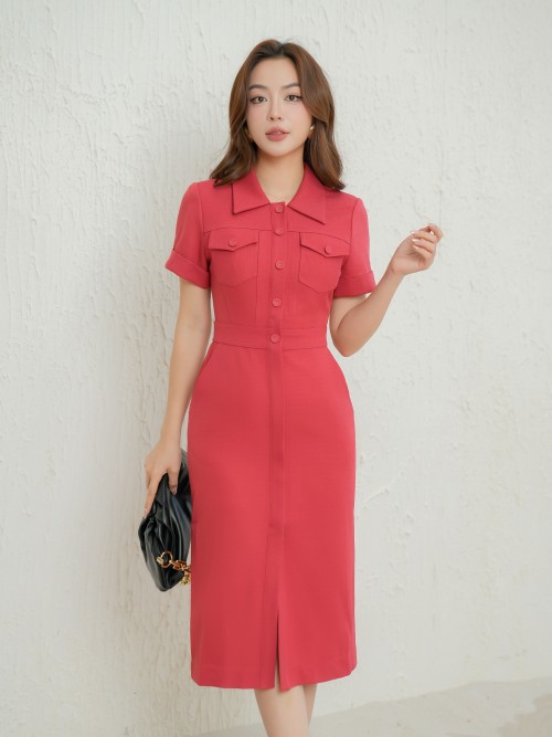 Rosy Short Sleeves Midi Raw Dress