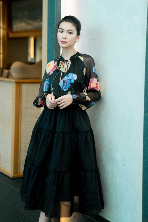 Black Floral Print Voile Blouse